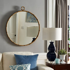 Antique Brass Finish Round Wall Mirror, Decorative Accent Mirror for Living Room, Bedroom and Entryway