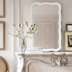Curved Scallop Wood Frame Accent Mirror, Modern Decorative Wall Mirror for Living Room, Bedroom and Entryway