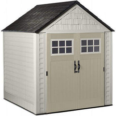 7 7 Ft Durable Weather Resistant Resin Outdoor Garden Storage Shed with Windows and Utility Hooks, Sand