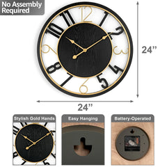 24 Inch Round Wooden Wall Clock, Modern Analog Clock with Numeral Design, Battery Operated