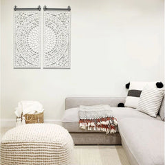 Set of 2 Distressed Ivory White Wood Flower Wall Art with Black Accents