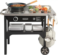 Outdoor Wok Station, 50,000 BTU Propane Outdoor Wok Burner w Prep Table, 14 Carbon Steel Wok for Stir Fry, Searing, BBQ Black