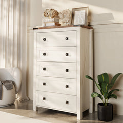 48 Inch Tall Farmhouse Wood Dresser, 5 Drawer Chest of Drawers for Bedroom