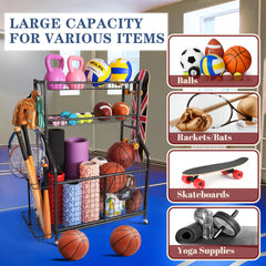 Garage Ball Storage Organizer for Sports Equipment, Sports Ball Rack for Home, Garage and Gym