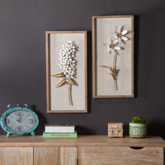 Set of 2 White and Gold Metal Flower Wall Decor with Wood Frames, Decorative Floral Wall Art