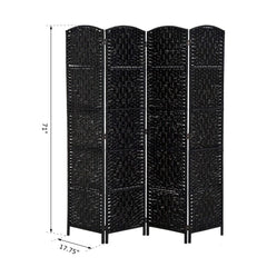 6 Ft Tall Four-Panel Wicker Weave Room Divider, Black Wood Privacy Screen