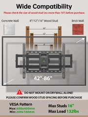 Full Motion TV Wall Mount for Most 42-86 Inch Flat Screen TVs, Adjustable Swivel and Tilt Bracket