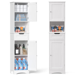 67 Inch Tall Narrow Bathroom Linen Cabinet, 5-Tier Solid Wood Freestanding Storage Cabinet