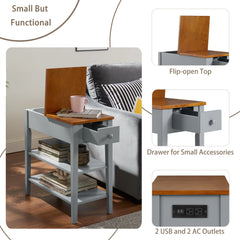 Narrow 2-Tone End Table with USB Charging Ports, Small Space Side Table