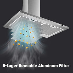 30 Inch Wall Mount Stainless Steel Range Hood, Modern Kitchen Exhaust Vent Hood with LED Light