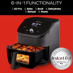 6QT Air Fryer, Clear Windows, Custom Program Options, 6-in-1 Functions, Crisps, Broils, Roasts, Dehydrates, Bakes, Reheats, from the, Black