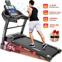 Folding Treadmill for Home with 15 Levels Auto Incline, 300LB Capcity, 10MPH Fast Speed Controls