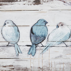 Hand Painted Perched Birds Wood Plank Wall Decor, White and Grey Decorative Wall Art