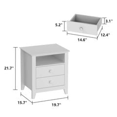 21.7 Inch Tall White Nightstand, 2 Drawers and 1 Open Shelf Bedside End Table