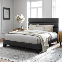 Queen Size Upholstered Platform Bed Frame, Dark Gray Fabric Bed with Headboard for Bedroom