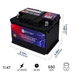 MM-H5 Start and Stop Car BCI Group Size 47 12V 60 AH, 100RC, 680 CCA Rechargeable AGM Car battery