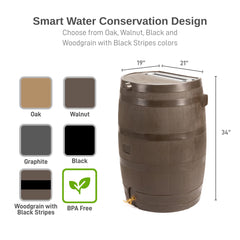50 Gallon Rain Barrel with Brass Spigot, Large Outdoor Rainwater Collection and Storage Container for Garden