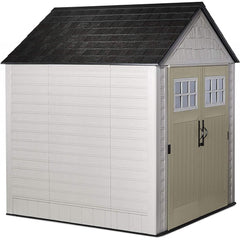 7 7 Ft Durable Weather Resistant Resin Outdoor Garden Storage Shed with Windows and Utility Hooks, Sand