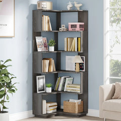 64.9 Inch Tall 6-Tier Corner Bookshelf, Freestanding Wood Industrial Bookcase