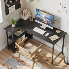 Small L Shaped Computer Desk with Storage Shelves, Compact Corner Workstation for Home Office and Study