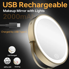 8 Inch Round Wall Mounted Makeup Mirror, Rechargeable, 1X/10X Magnification, 3-Color LED Lights
