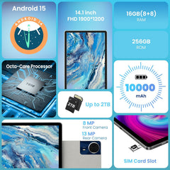 14 Inch Android Tablet, 16GB RAM 256GB Storage, 4G LTE Portable Touchscreen Tablet PC