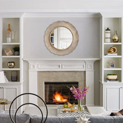 30 Inch Bohemian Beige Round Wood Bathroom Vanity Wall Mirror