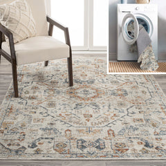 Bohemian Medallion Low-Pile Machine-Washable Area Rug, Cream and Terra