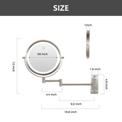 8 Inch Round Wall Mounted Makeup Mirror, Rechargeable, 1X/10X Magnification, 3-Color LED Lights
